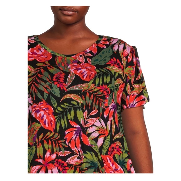 Terra & Sky Women's Plus Size Ruched Shoulder Knit Dress, Tropical/ black soot - Picture 4 of 5